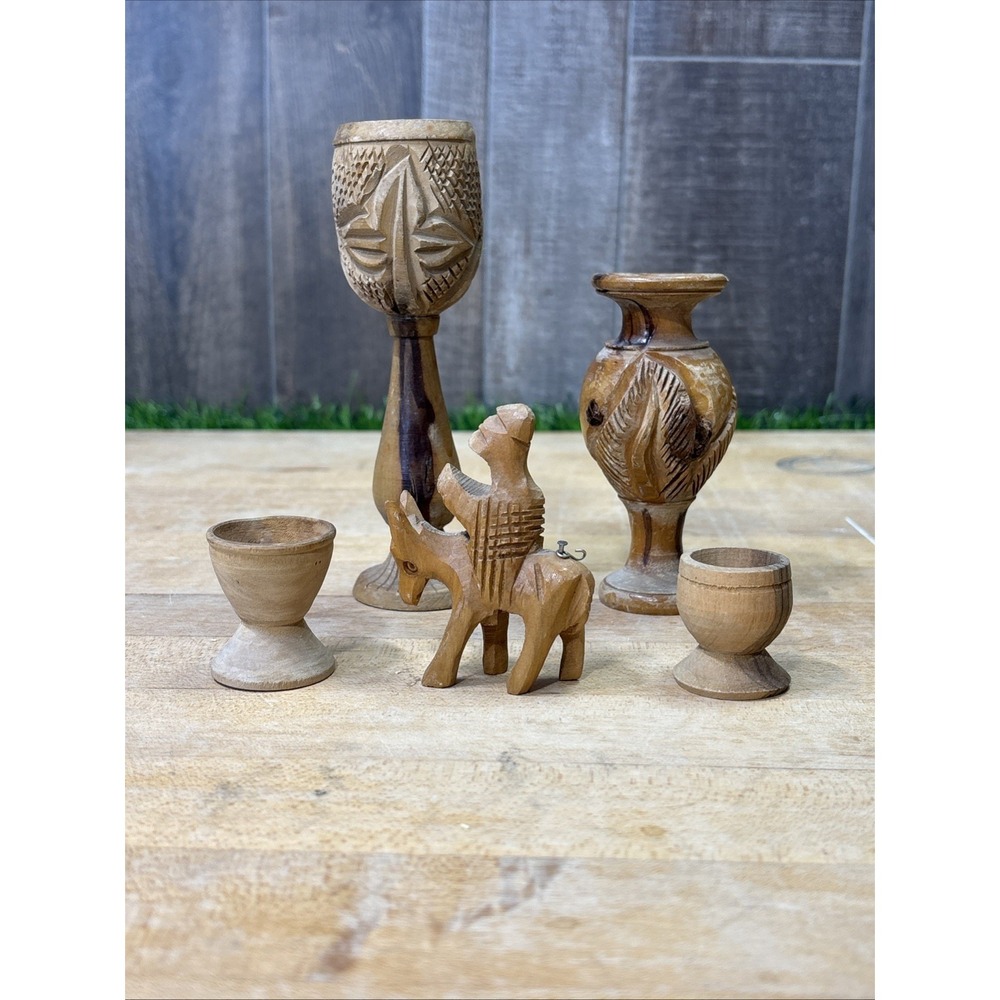 Vintage Hand Carved Wood Decor Lot Vase Goblets Camel Figurine Folk Art 5 Pc